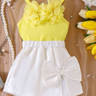 Baby Girl Yellow Floral Romper Dress with White Bow – Summer Sleeveless Outfit